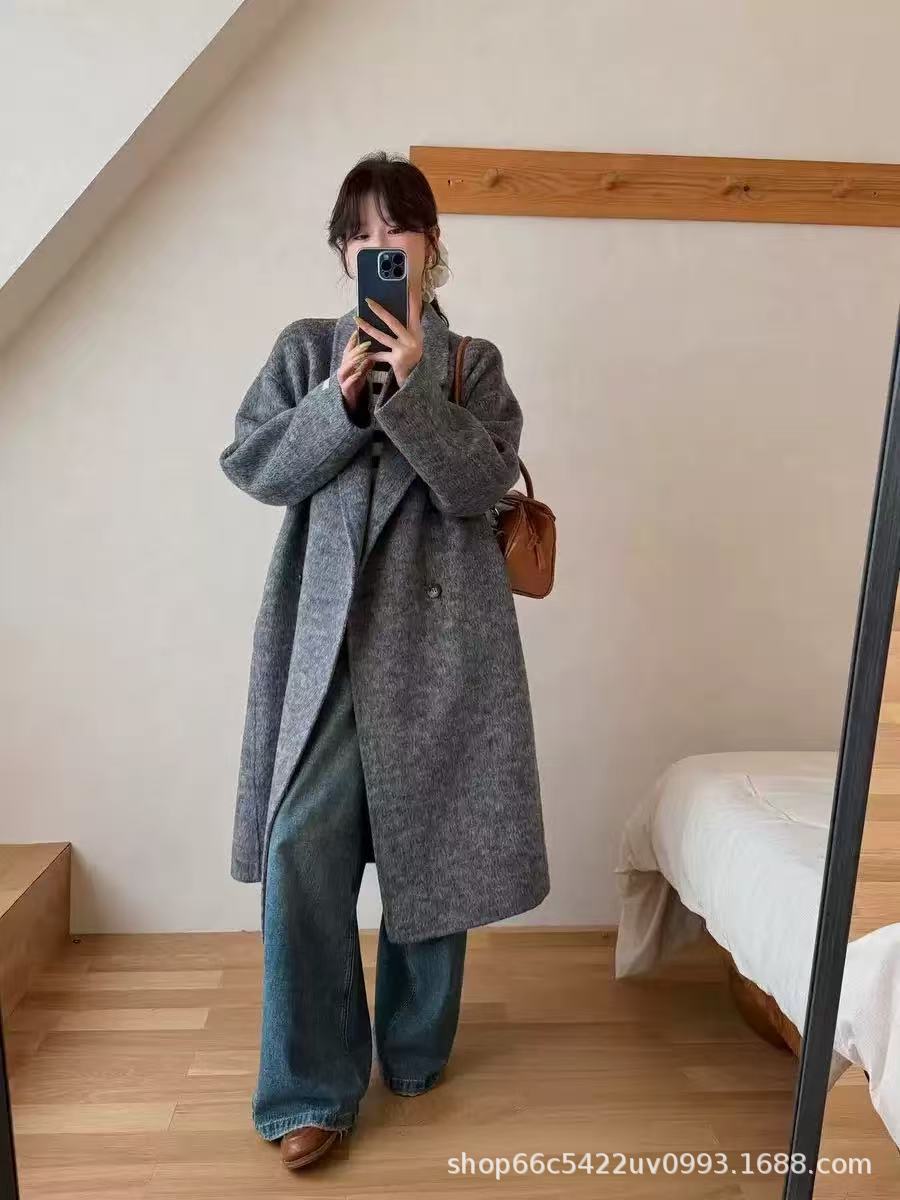 【背の高いベビーキャメルヘア】韓国通勤両面ウールコート ダブルブレスト シンプル 高級ウールコート レディース