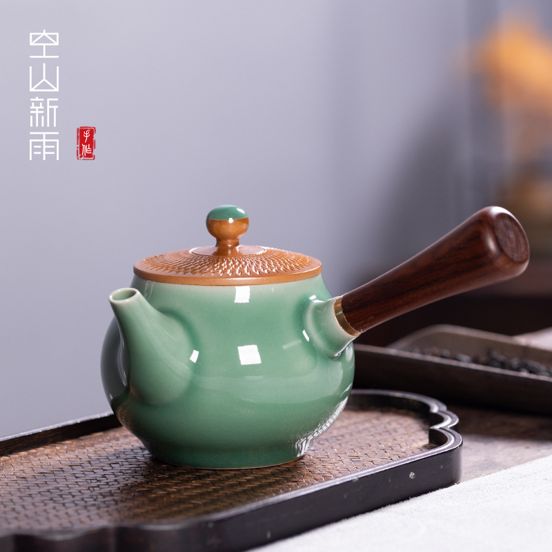 空山新雨龍泉青瓷側把壺過濾泡茶壺單壺陶瓷純手工跳刀功夫茶具