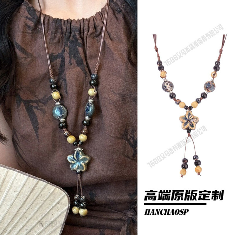 新しい中国風の禅ロングフェザーネックレスレトロエスニックスタイルセラミックセーターチェーンボヘミアンペンダントアクセサリー女性のための|undefined