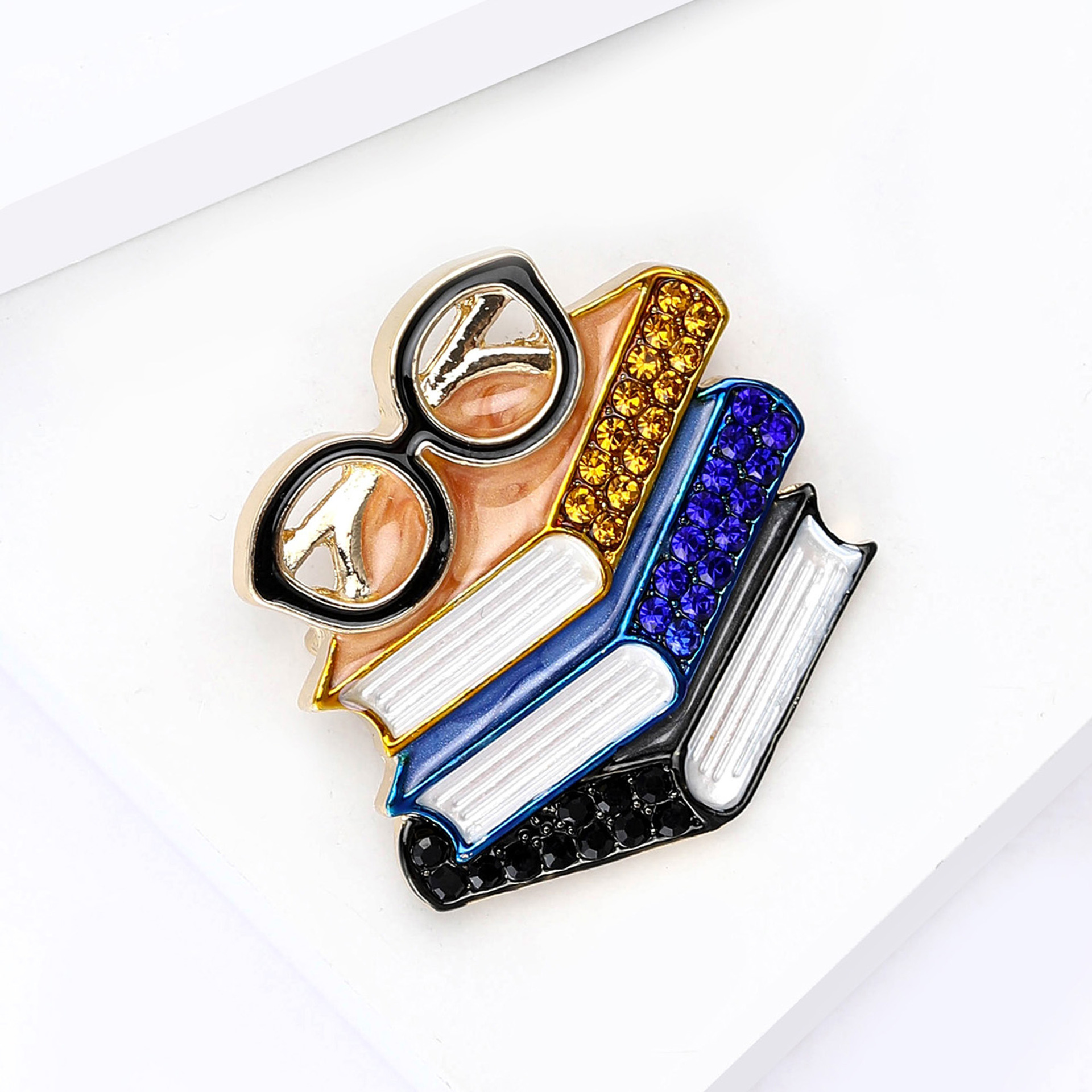 European and American New Enamel Rhinestone Three-Book Glasses-Shaped Brooch Exquisite Men's and Women's Clothing Corsage Jewelry Pin