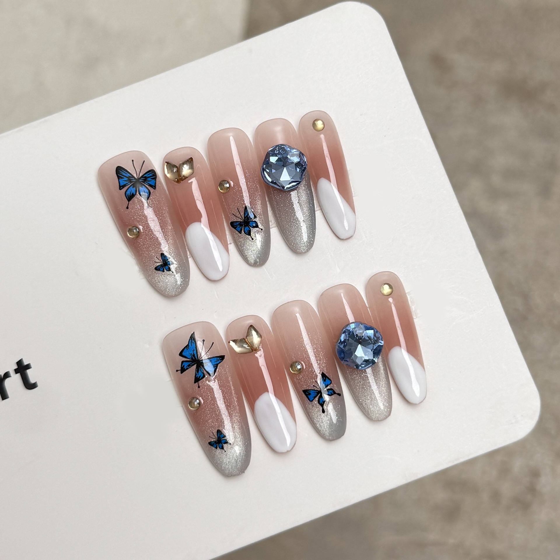 Butterfly azul puro hecho a mano manicure elíptico desgaste productos terminados al por mayor parche de uñas desmontable otoño invierno