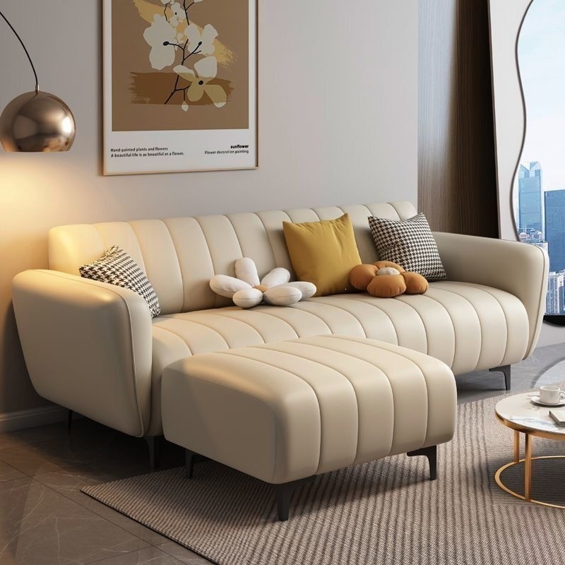 New living room sofa, modern minimalist cream-colored fabric sofa, Nordic-style sofa for small apartments, cat-scratch-resistant leather sofa