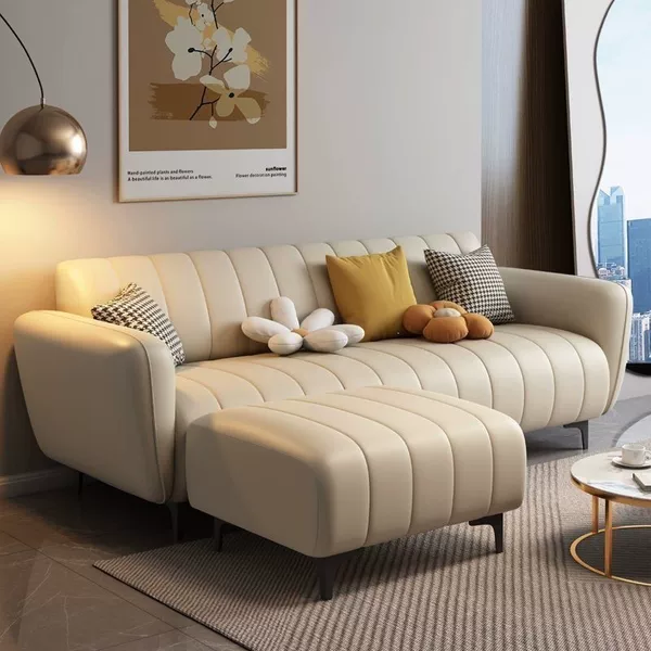 New living room sofa, modern minimalist cream-colored fabric sofa, Nordic-style sofa for small apartments, cat-scratch-resistant leather sofa