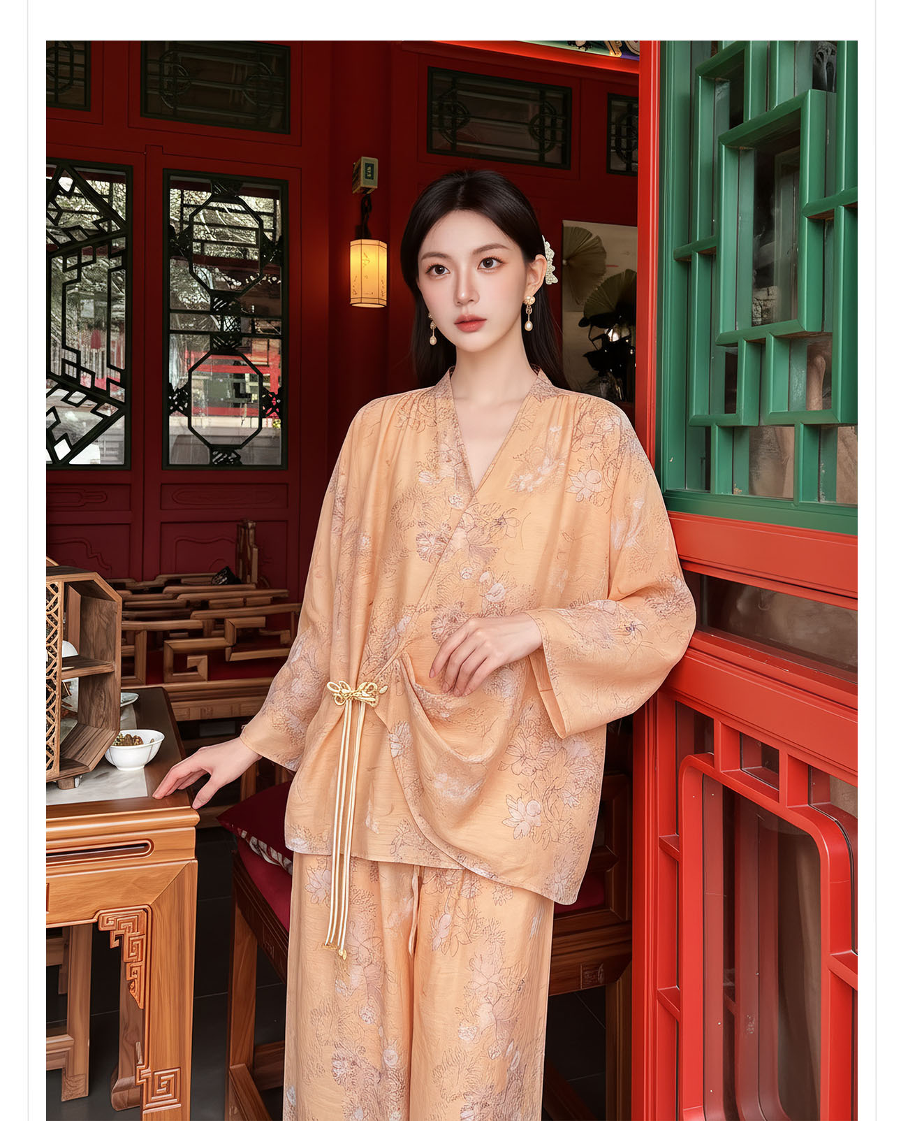 Bộ đồ bộ nữ phong cách Trung Hoa mới, áo rộng quần ống rộng họa tiết jacquard, form suông thoải mái — Trang chủ, bộ đồ, Quần dài chi tiết 2