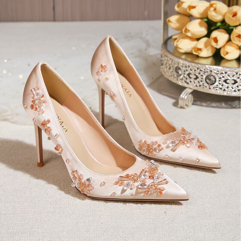 2025 Beaded Agate Satin Rhinestone Pointed Toe Stiletto Heels High Heels That Are Comfortable for the Feet Bridal Shoes Wedding Shoes for Bridesmaids