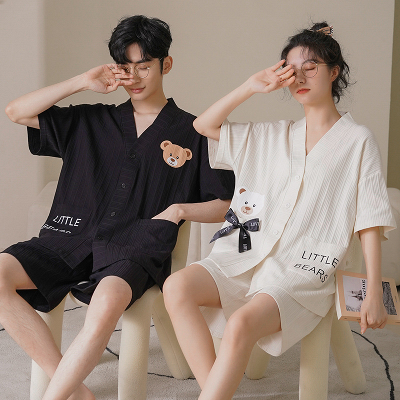 2025 Short-Sleeved Couple Pajamas for Women, Summer Cotton Home Wear, Cartoon Cardigan, Men's Plus Size Set, Unisex Style