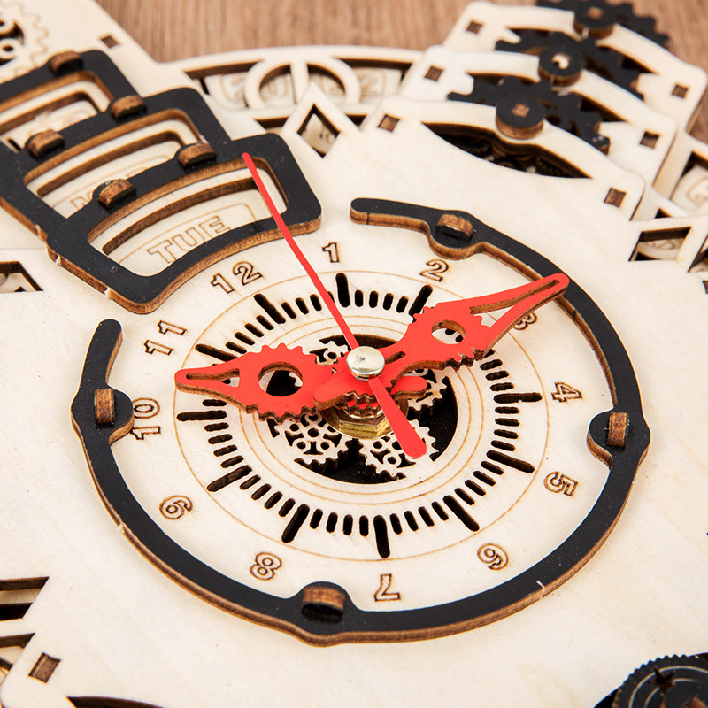 Diy calendario perpetuo reloj de montaje de transmisión de madera creativo relojes mecánicos regalos máquina caja de contraseña juguetes