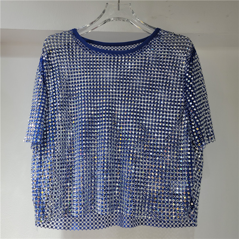 El nuevo producto europeo, la industria pesada, el diamante en caliente, la sensación de frío, el diamante estrellado, el cuello redondo, la blusa de manga corta, la camiseta transparente hueca image 10