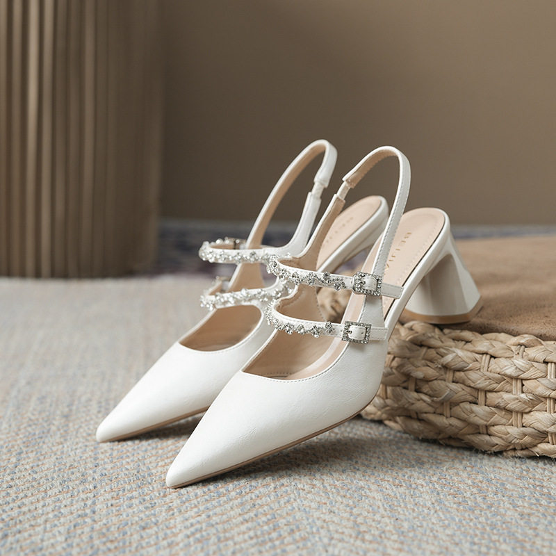Giày sandal cao gót nữ mũi nhọn gót thô hở gót kiểu Mary Jane đính đá, gót 6–8 cm — Màu bạc, Màu trắng ngà