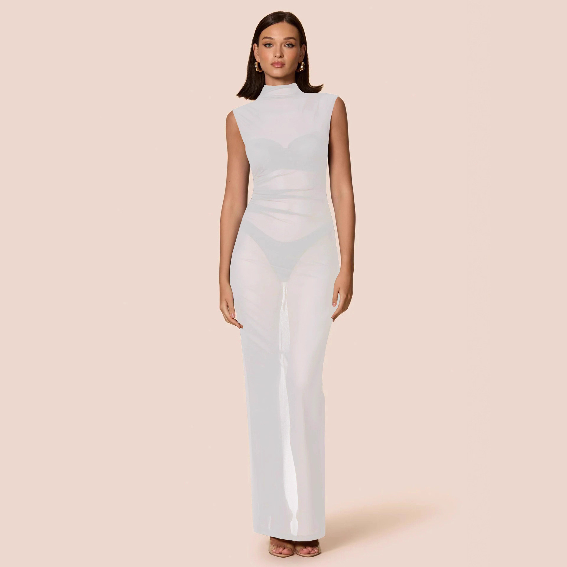 2025 European And American Style Summer New Sexy Women's, Slim-fit Sheer Stand-up Collar Sleeveless Back-slit Mesh_ecoleips.com