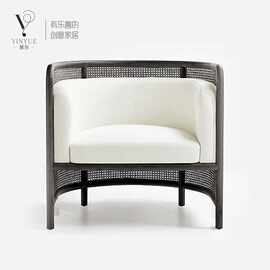 北欧实木藤编布艺沙发椅家用扶手书椅设计师酒店样板房接待洽谈椅