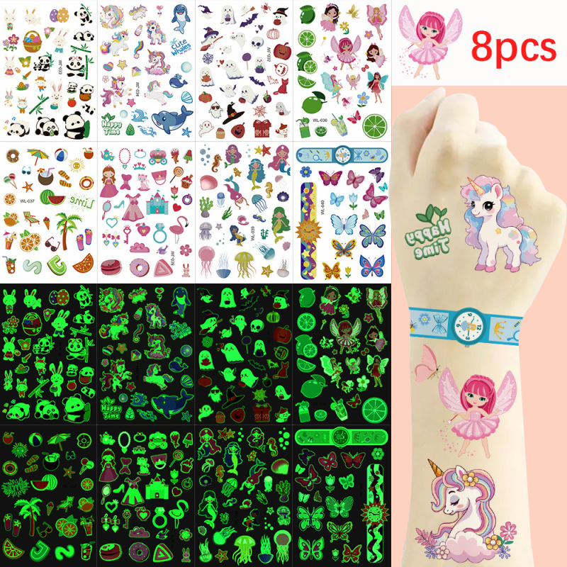 Amazon Children's Luminous Cartoon Tattoo Sticker Set Panda Unicorn Halloween Arm Luminous Tattoo Sticker
