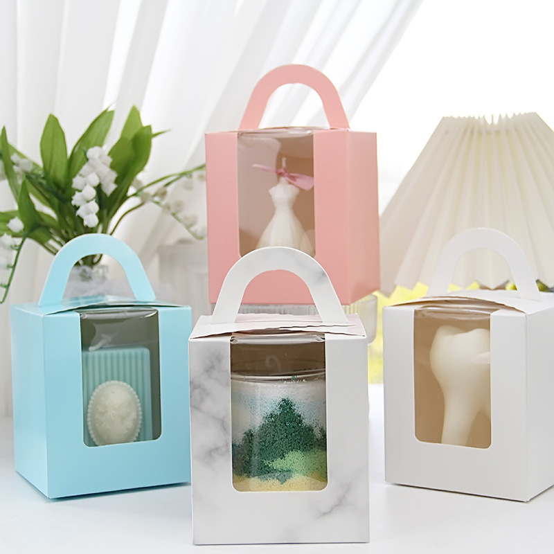 手提開窗天窗香薰蠟燭DIY蛋糕飾品沙畫蠟燭石膏卡紙透明包裝禮盒