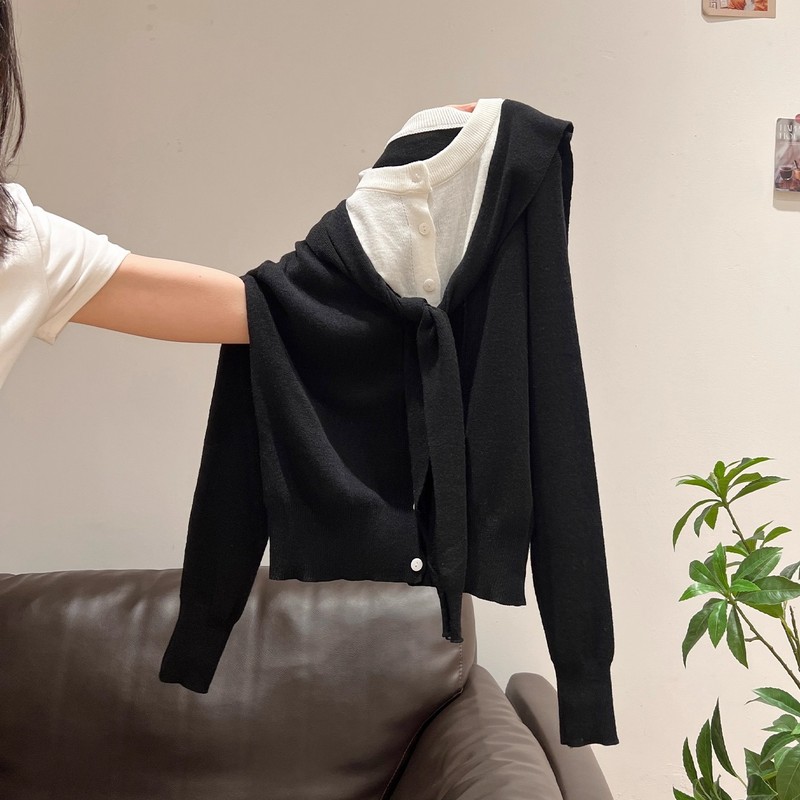 假两件设计感披肩针织开衫女2025早秋新款拼接撞色内搭打底衫上衣|undefined