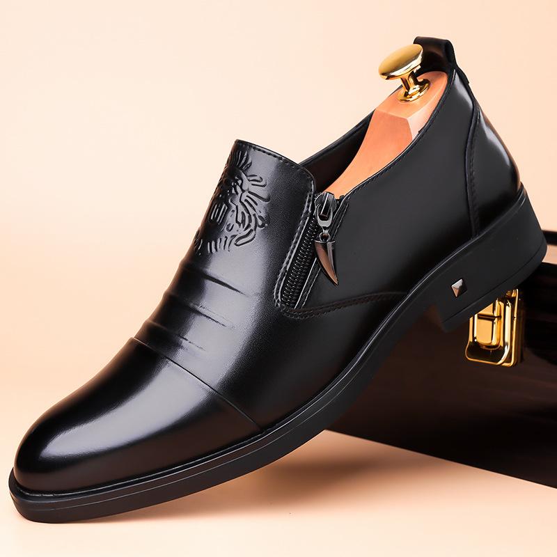 狮子头拉链尖头皮鞋跨境男鞋三接头休闲皮鞋低跟厚底商务正装皮鞋