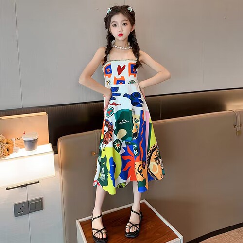 Girls retro ethnic style oil painting suspender dress children's summer seaside vacation beach dress sleeveless long dress trendy