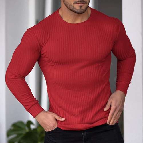 European and American cross-border best-selling new men's casual long-sleeved T-shirt, single-color vertical stripe round neck quick-dry fitness sports clothing