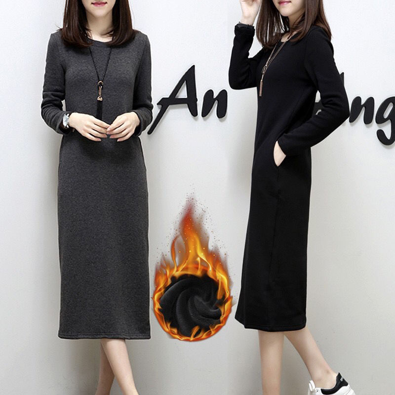 加绒加厚胖mm200斤秋冬新款卫衣女长裙大码女装中长款打底连衣裙