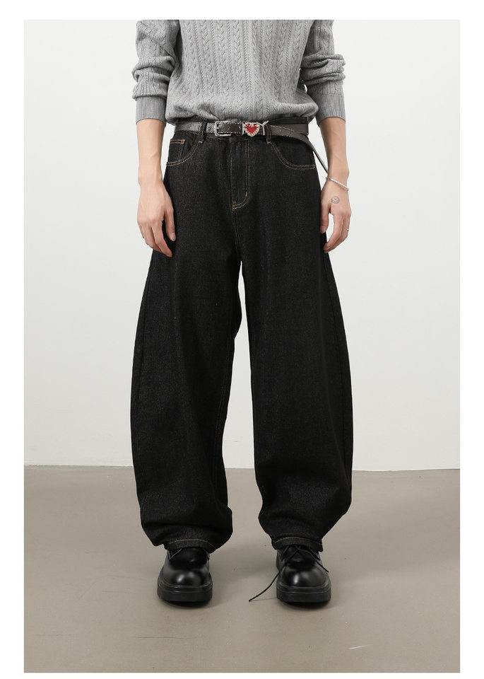 Quần jeans nam ống rộng dáng suông phong cách Mỹ, jean bò nguyên bản, lưng giữa, túi khóa kéo — Denim đen, Trắng, lâu, màu xanh chi tiết 6