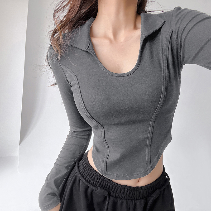Polo Collar Long-Sleeve T-Shirt for Women, Spring and Autumn Outerwear, 2025 New Style Base Shirt, Inner Layer Top, Regular Shoulder, Short Style, High Waist