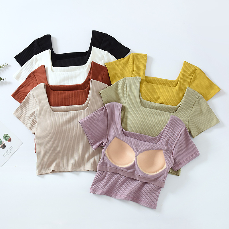 One-piece Navel-exposed Square Collar Short-sleeved Cup Base Shirt with Chest Pad Summer Short-rimless Women's Inner T-shirt