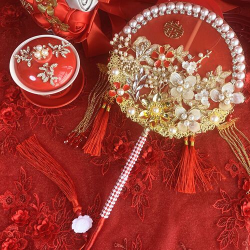 Chinese classical handmade ice blue happy fan bride showhe dress wedding fan engagement fan DIY material pack