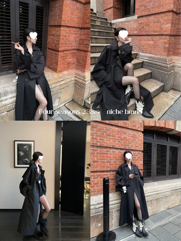 2025黑色风衣外套女时尚春秋新款宽松长款英伦风大衣长款加长版|undefined