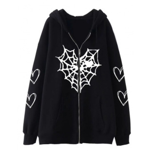 2024 Cross-Border Autumn and Winter European and American Men's and Women's Spider Web Heart-Shaped Printed Zipper Fleece-Lined Warm Hooded Cardigan Jacket