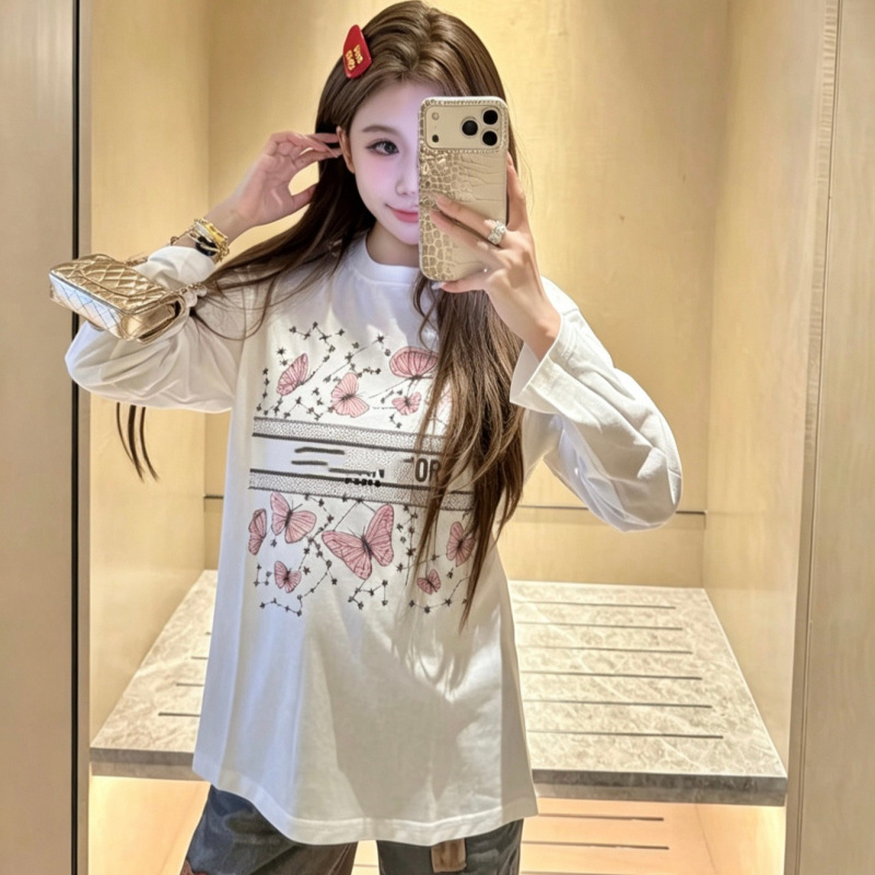 2026 Summer New Style Cd Small Fragrant Rhinestone Long-Sleeve Sun Protection Cover-Up Loose Slimming Letter Print Round Neck T-Shirt for Women 2026 Summer New Style Cd Small Fragrant Rhinestone Long-Sleeve Sun Protection Cover-Up Loose Slimming Letter Print Round Neck T-Shirt for Women