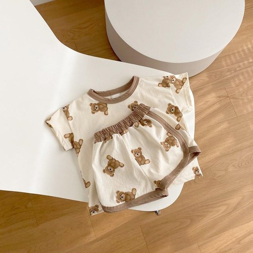 Summer Korean baby cute cartoon bear two-piece set ins for small and medium-sized children, boys and girls, home clothes, breathable set