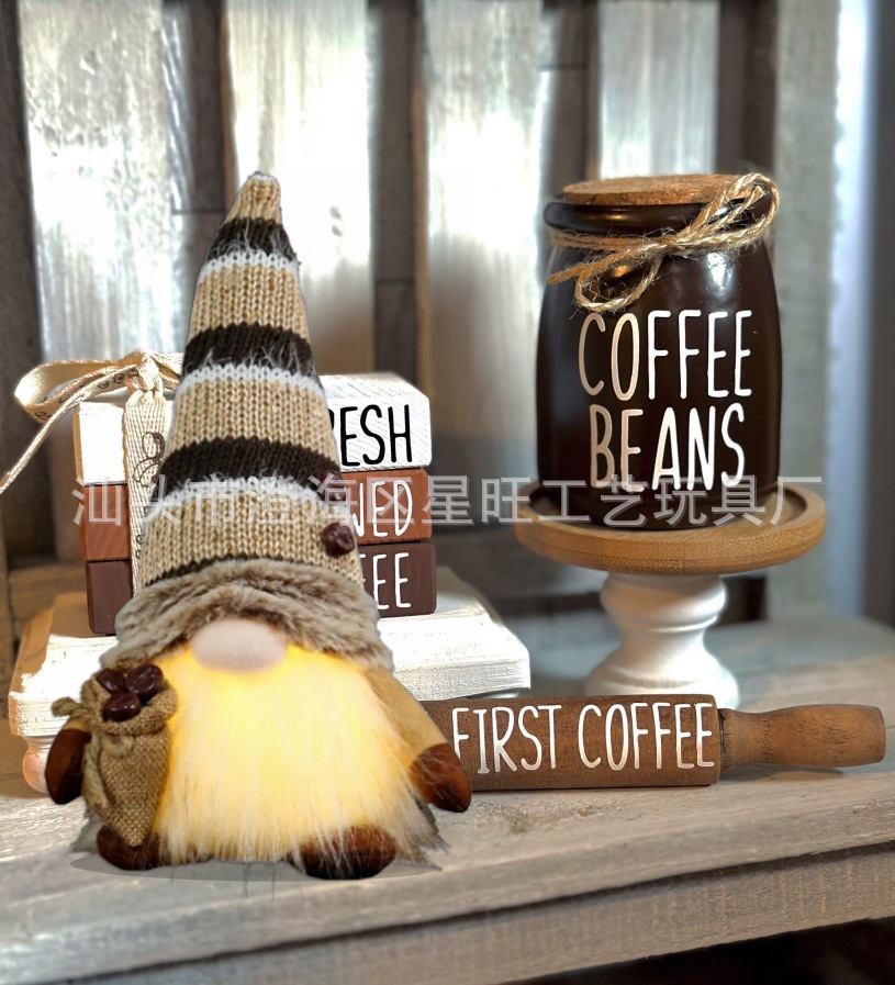 Café personalizado muñeca sin cara encantadora bolsa de café de punto con luces Gnomes adornos muebles paquete