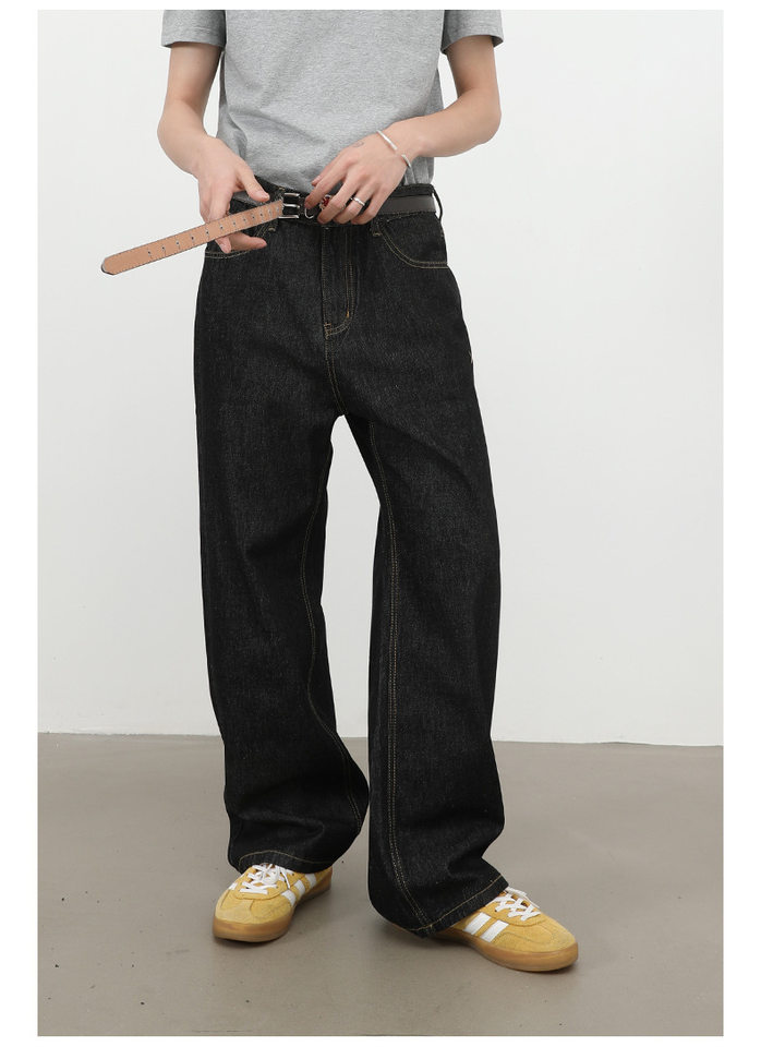Quần jean nam ống rộng lưng giữa form suông thoải mái phong cách cơ bản — Denim đen, màu xanh denim chi tiết 8