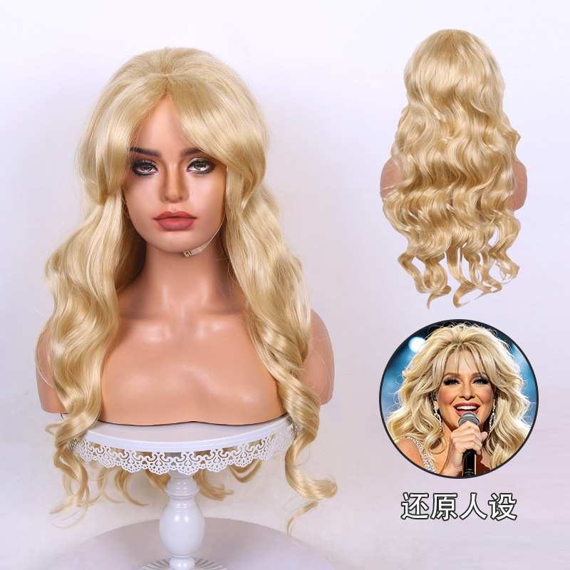 Dolly Parton, the beautiful singer, is wearing a golden wig in this cosplay. The wig is long and has curly hair