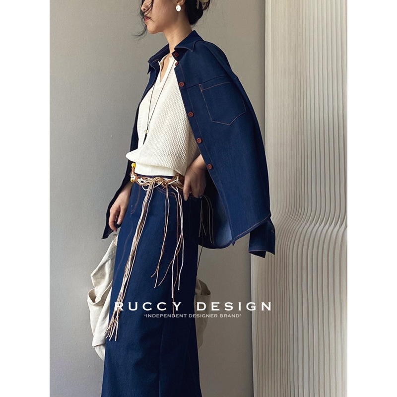 【RUCCY】2025秋季新款轻熟彩色明线肌理竖纹厚牛仔色口袋衬衫女|undefined