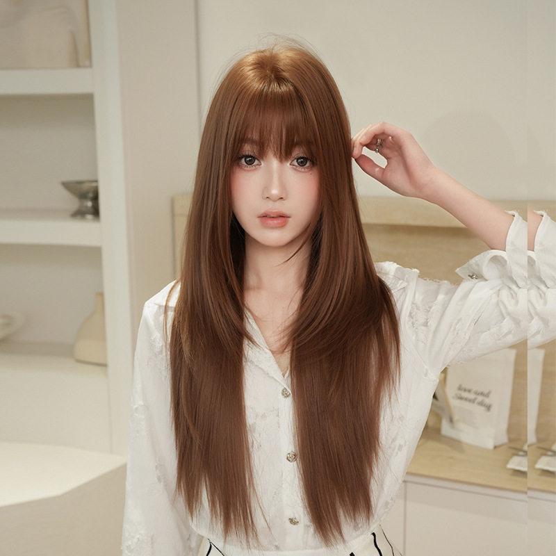 Wig for Women with Long Straight Hair, Layered Long Hair, Tea Brown, Full Head Cover, Chemical Fiber Artificial High Temperature Silk Wig