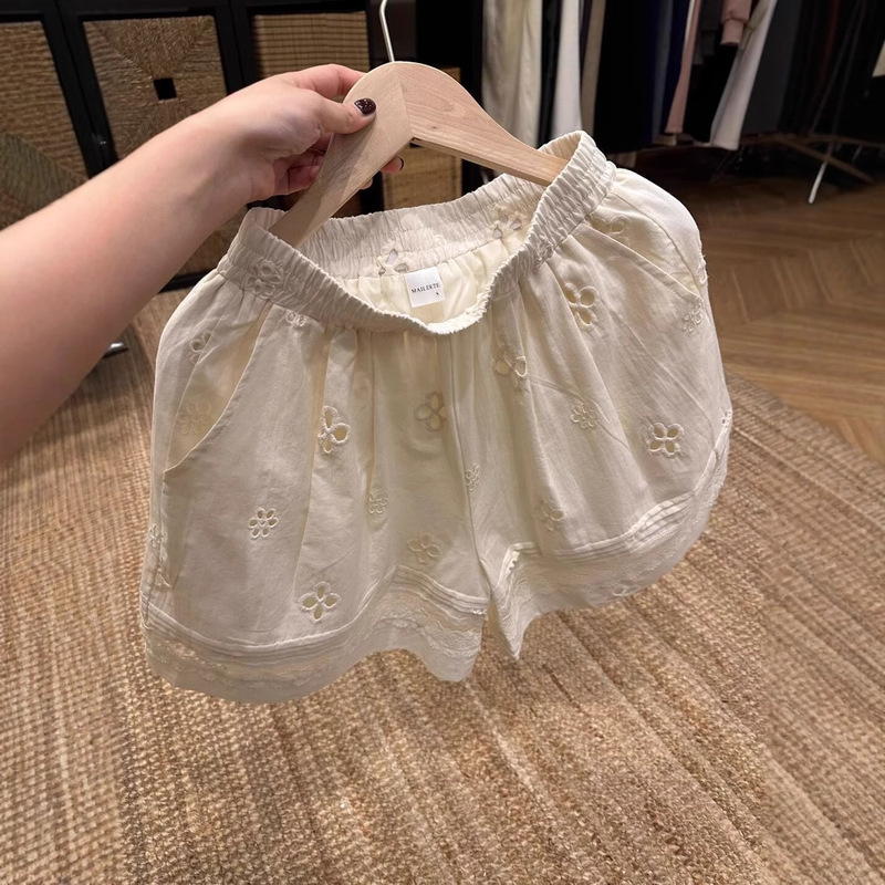 apricot Lace Stitching Hollow Shorts Women's Summer Thin 2025 New High Waist Loose A- line Wide-leg Pants