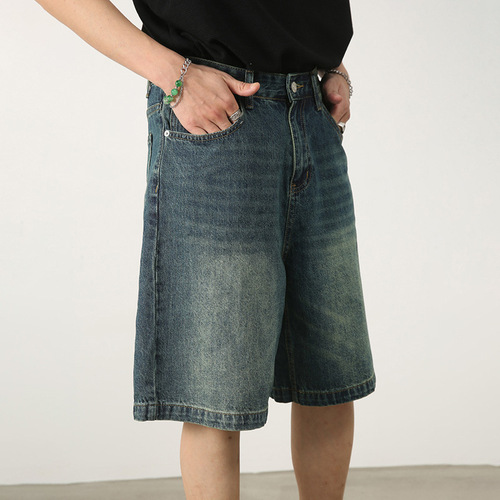 Summer new American retro distressed blue denim shorts men's loose straight-leg five-pocket pants versatile hot pants trendy brand