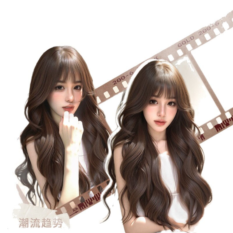 假发全头套女仿真人发丝无痕前额大头皮齐刘海大波浪长卷发假发套|undefined