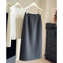 黑色亮片闪闪加厚毛呢半身裙女秋冬新款开叉直筒中长款a字包臀裙