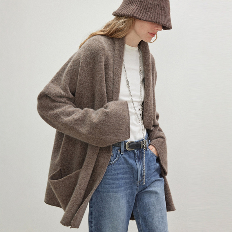 Skin-Friendly and Fluffy Autumn/Winter New Lazy Style Mid-Length Fashionable Rolled-Edge Turtleneck Oversized Wool Knit Cardigan for Women