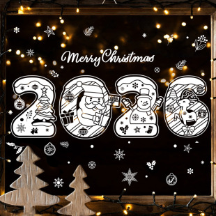 2026 New Year Sticker White Santa Elk Window Sticker Snowflake Snowman Tree Christmas Decorative Glass Sticker