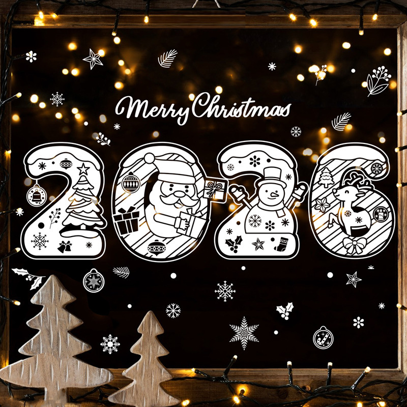 2026 新年ステッカーホワイトサンタクロースヘラジカウィンドウステッカースノーフレーク雪だるまツリークリスマス装飾ガラスステッカー|undefined