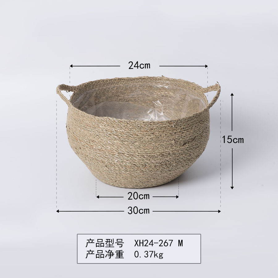 Cesta de almacenamiento con marco tejido de cuerda de paja de mar Cesta de almacenamiento de estilo pastoral tejida con cuerda hecha a mano Maceta de paja Cesta de acabado de ratán retro