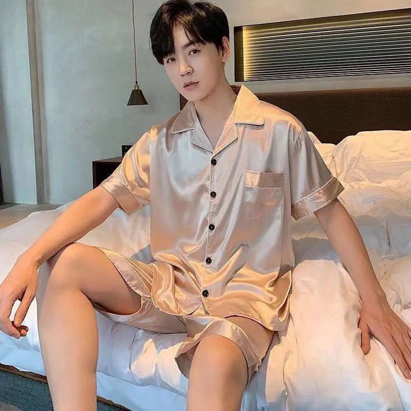 High-End Champagne Ice Silk Pajamas for Men, Summer Thin Cardigan, Short-Sleeved Shorts, Youth Home Clothes Set, Simulated Silk