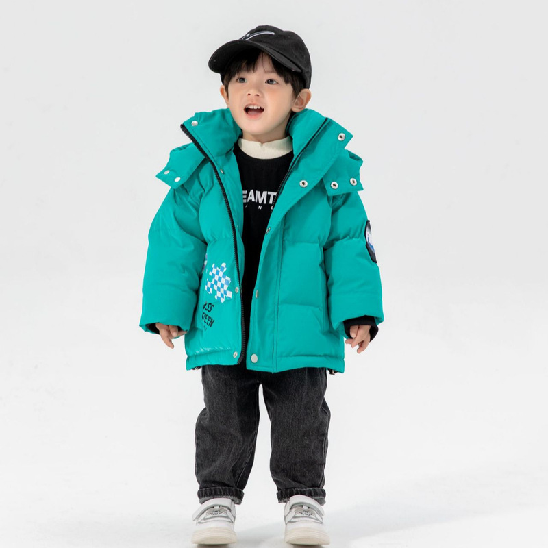Boys' Winter Trendy Solid Color Fashion Casual Printed Hooded Children's Girls' Warm down Jacket Versatile Coat