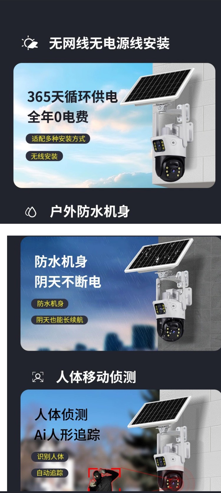 V380太阳能solarcctv摄像头家用手机远程双镜头室外4g太阳能监控详情2