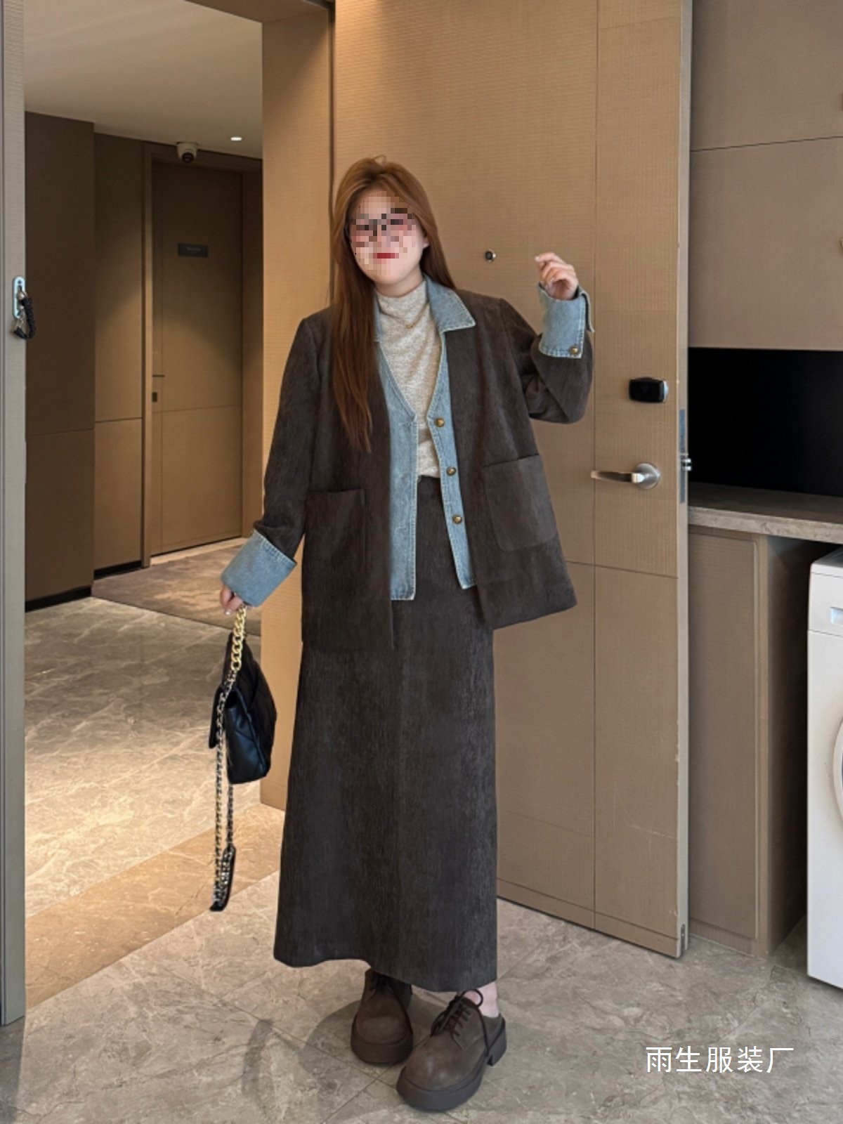 南岛风大码女装拼接牛仔雪尼尔外套春秋巨显瘦半身裙胖mm微胖批发