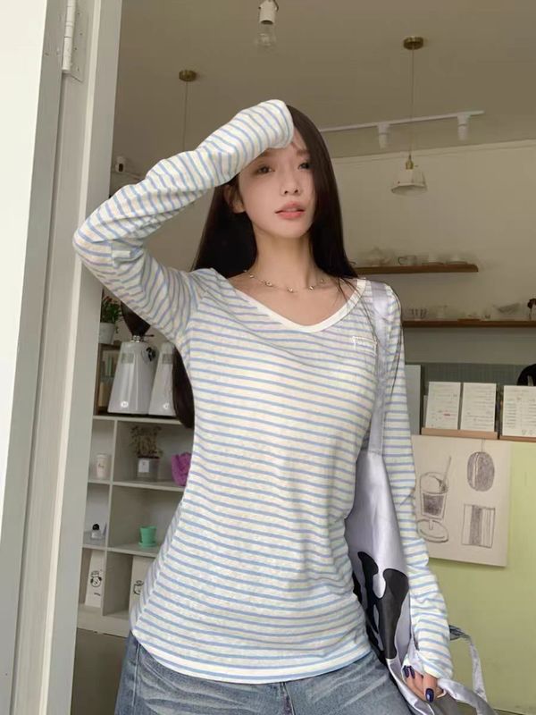 韩系甜美风气质条纹v领防晒罩衫女夏季设计感学院风百搭辣妹上衣|undefined