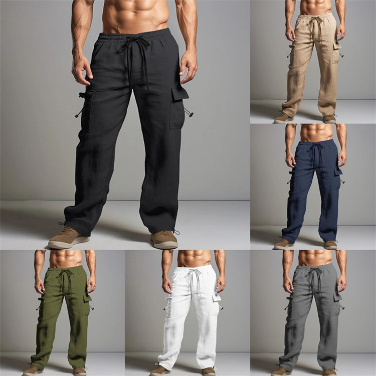 Men's jogging cotton linen trousers summer beach pants drawstring elastic waist multi-pocket solid color breathable casual overalls