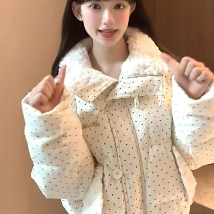 2025年韩系设计波点棉服毛领冬季甜美新款加厚宽松棉袄外套面包|undefined